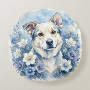Aquarell-Botanik-Blumen-Hundeporträt Rundes Kissen