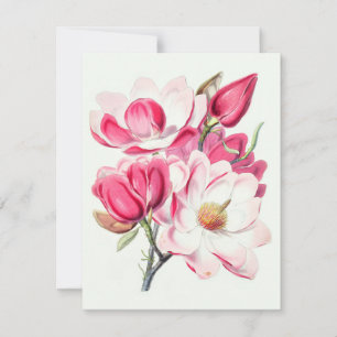 Aquarell Botanische Rosa Magnolienblüten Feiertagskarte
