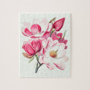 Aquarell Botanische Rosa Magnolienblüten Puzzle