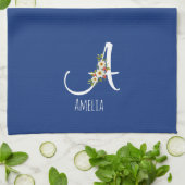 Aquarell botanisches blaues Initialmonogramm Geschirrtuch (Gefaltet)