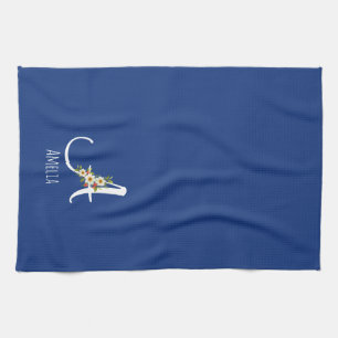Aquarell botanisches blaues Initialmonogramm Geschirrtuch