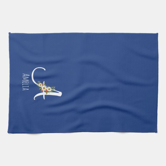 Aquarell botanisches blaues Initialmonogramm Geschirrtuch (Horizontal)
