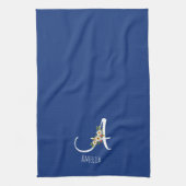 Aquarell botanisches blaues Initialmonogramm Geschirrtuch (Vertikal)