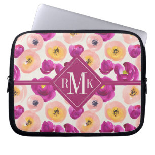 Aquarell-botanisches Muster des Monogramm- Laptopschutzhülle