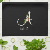 Aquarell botanisches schwarzes Initialenmonogramm Geschirrtuch (Gefaltet)