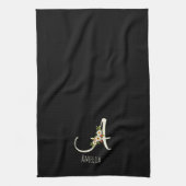 Aquarell botanisches schwarzes Initialenmonogramm Geschirrtuch (Vertikal)