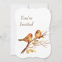 Aquarell Braune Rote Goldene Vögel Hochzeits Einla