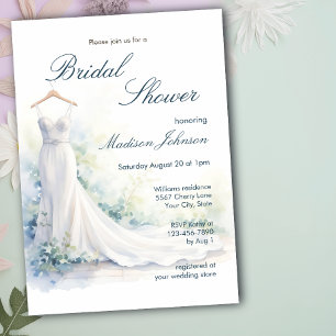 Aquarell-Brautkleid Blaue Bridal Shower Einladung