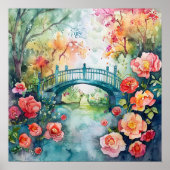 Aquarell-Brücke-Garten-Blumen Poster (Vorne)