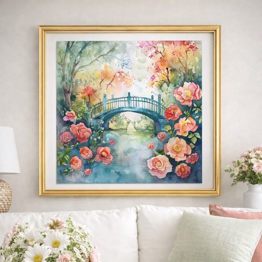 Aquarell-Brücke-Garten-Blumen Poster