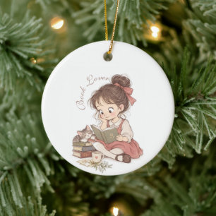 Aquarell-Buchliebhaber-Mädchen-Katze- Keramik-Orna Keramik Ornament