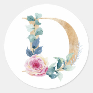 Aquarell Buchstabe D mit Rosen Runder Aufkleber