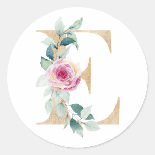 Aquarell Buchstabe E mit Rosen Runder Aufkleber