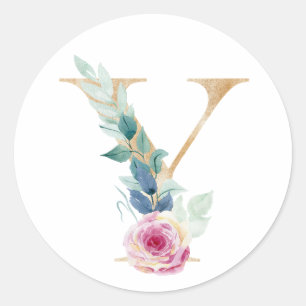 Aquarell Buchstabe Y mit Rosen Runder Aufkleber