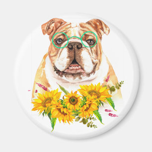 Aquarell Bulldogge & Sonnenblumen  Magnet