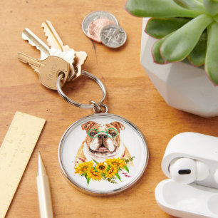 Aquarell Bulldogge & Sonnenblumen Schlüsselanhänger