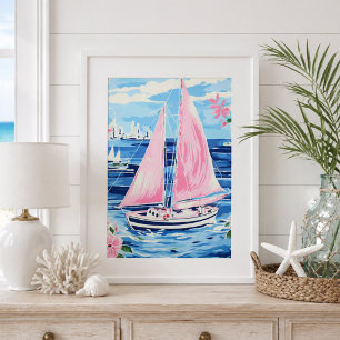 Aquarell Bunt Rosa Segelboot Küstenblau Poster