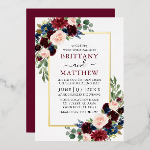 Aquarell Burgund Blau Rosa Blumenhochzeit Gold Folieneinladung