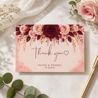 Aquarell-Burgund-Eleganz-Rosen-Blumenhochzeit Dankeskarte