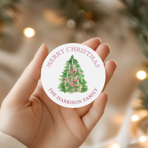 Aquarell-Burgund und grüner Weihnachtsbaum Runder Aufkleber