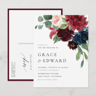 Aquarell-Burgund-und-Navy-Botanische-Hochzeit Einladungspostkarte