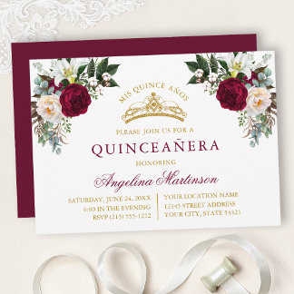 Aquarell-Burgunder-Blumen-Gold-Quinceanera Einladung