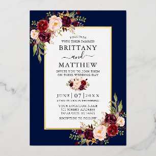 Aquarell-Burgunder-Blumenhochzeit Blau Gold Folieneinladung
