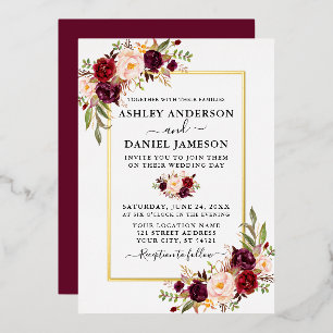 Aquarell Burgunder Floral Hochzeit Gold Folieneinladung