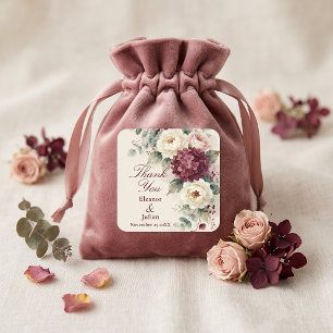 Aquarell Burgunder-Rosé Blumen Hochzeit Danke schö Quadratischer Aufkleber