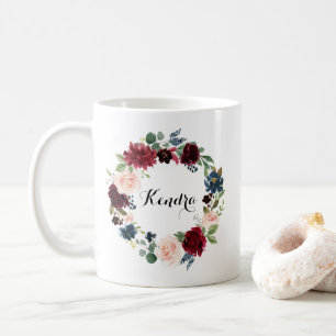 Aquarell Burgunder und blauer BlumenKranz-Herbst Kaffeetasse