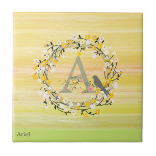 Aquarell-Bürsten-Linien, Frühlings-Kranz-Monogra Fliese