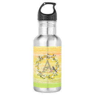 Aquarell-Bürsten-Linien, Frühlings-Kranz-Monogramm Edelstahlflasche