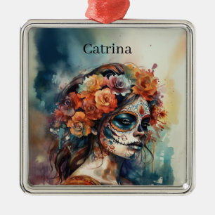 Aquarell Catrina Dia de los Muertos Zucker-Schädel Ornament Aus Metall