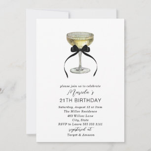 Aquarell Champagner-Coupe schwarze Schleife 21. Ge Einladung