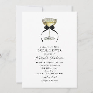 Aquarell Champagner-Kelch schwarze Schleife Braut- Einladung