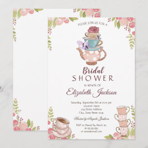 Aquarell Chic Blumen Teekanne Brautparty Einladung