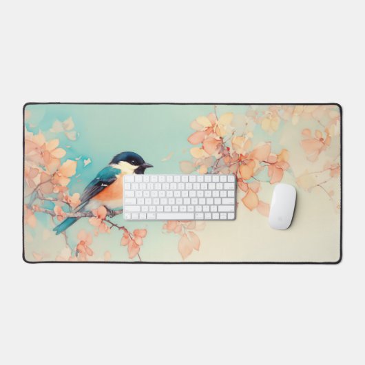 Aquarell Chickadee Aqua Pfirsichblüte Schreibtischunterlage (Tastatur & Maus)
