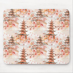 Aquarell-Chinesische Pagode mit Kirschblüten Mousepad