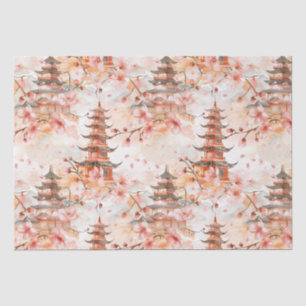 Aquarell-Chinesische Pagode mit Kirschblüten Seidenpapier