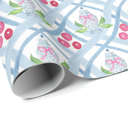 Aquarell Chinoiserie Blau und Pink Ginger Jars Geschenkpapier (Rolleneckpunkt)