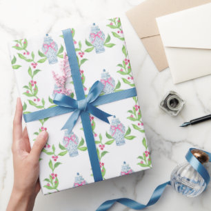 Aquarell Chinoiserie Blau und Pink Ginger Jars Geschenkpapier