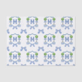 Aquarell-Chinoiserie-Blauer-Topiary-Monogramm-Wapp Seidenpapier (Vorderseite)