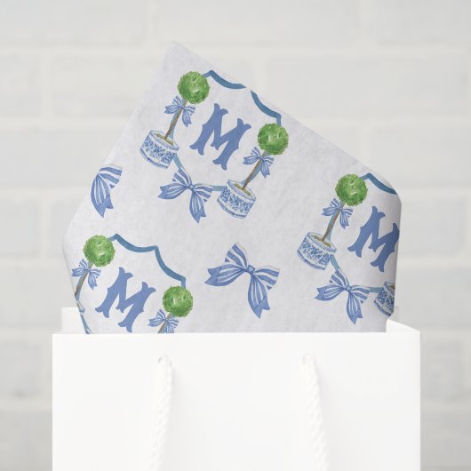 Aquarell-Chinoiserie-Blauer-Topiary-Monogramm-Wapp Seidenpapier (Geschenktüte)