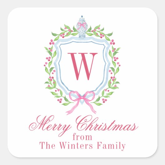 Aquarell Chinoiserie Ginger Jar Monogram Wappen Quadratischer Aufkleber (Vorderseite)