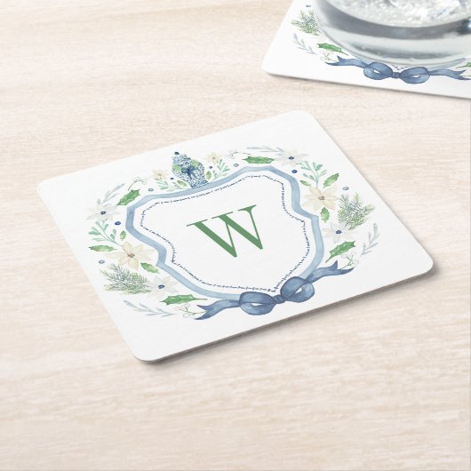 Aquarell Chinoiserie Ginger Jar Monogram Wappen Rechteckiger Pappuntersetzer (angewinkelt)