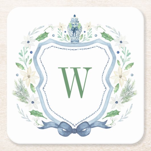 Aquarell Chinoiserie Ginger Jar Monogram Wappen Rechteckiger Pappuntersetzer (Vorderseite)