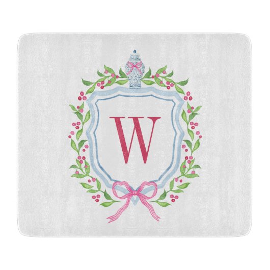 Aquarell Chinoiserie Ginger Jar Monogram Wappen Schneidebrett (Vorderseite)