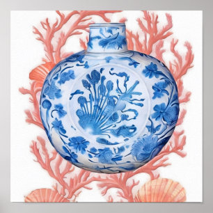 Aquarell Chinoiserie Ginger Jar und Coral Poster