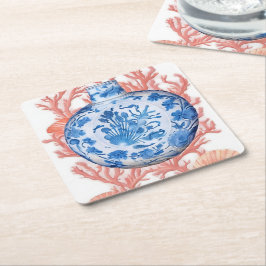 Aquarell Chinoiserie Ginger Jar und Coral Rechteckiger Pappuntersetzer