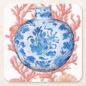 Aquarell Chinoiserie Ginger Jar und Coral Rechteckiger Pappuntersetzer (Vorderseite)